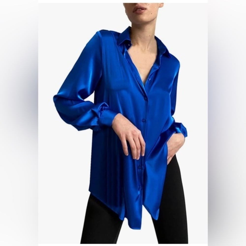 Coofandy Women's Blue Long Sleeve Shirt Collared Neck Spring Lapel Top Solid L